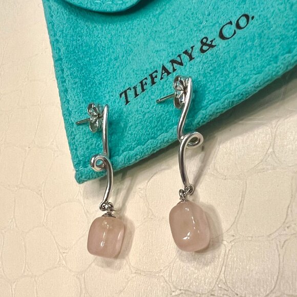 Y2K Tiffany & Co. Sterling Silver Rose Quartz Stud Drop Dangle Earrings US - Picture 2 of 5